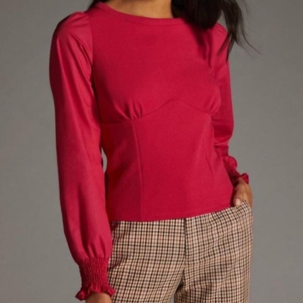 Anthropologie Pink Peplum Blouse L Puff Sleeve Smocked Cuff Romantic Top